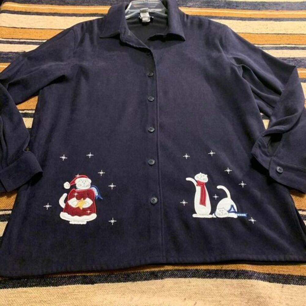 Breckenridge Women's‎ Navy Blue Embroidered Christmas Cat Button Up Shirt XL